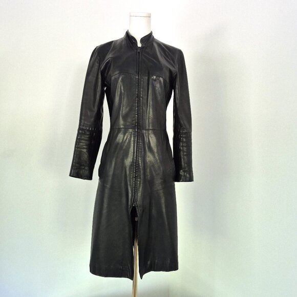 Vintage long black genuine leather coat, European size 38 - Picture 1 of 16